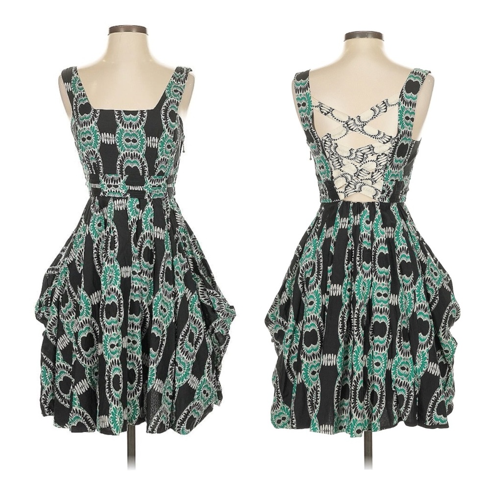 Leifsdottir x Anthropologie Green and Black Fit and‎ Flare Sundress